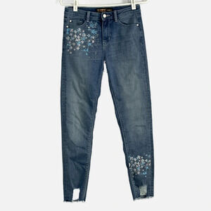 Clockhouse Super Skinny Jeans Distressed Faded Frayed Small Blue Painted Floral